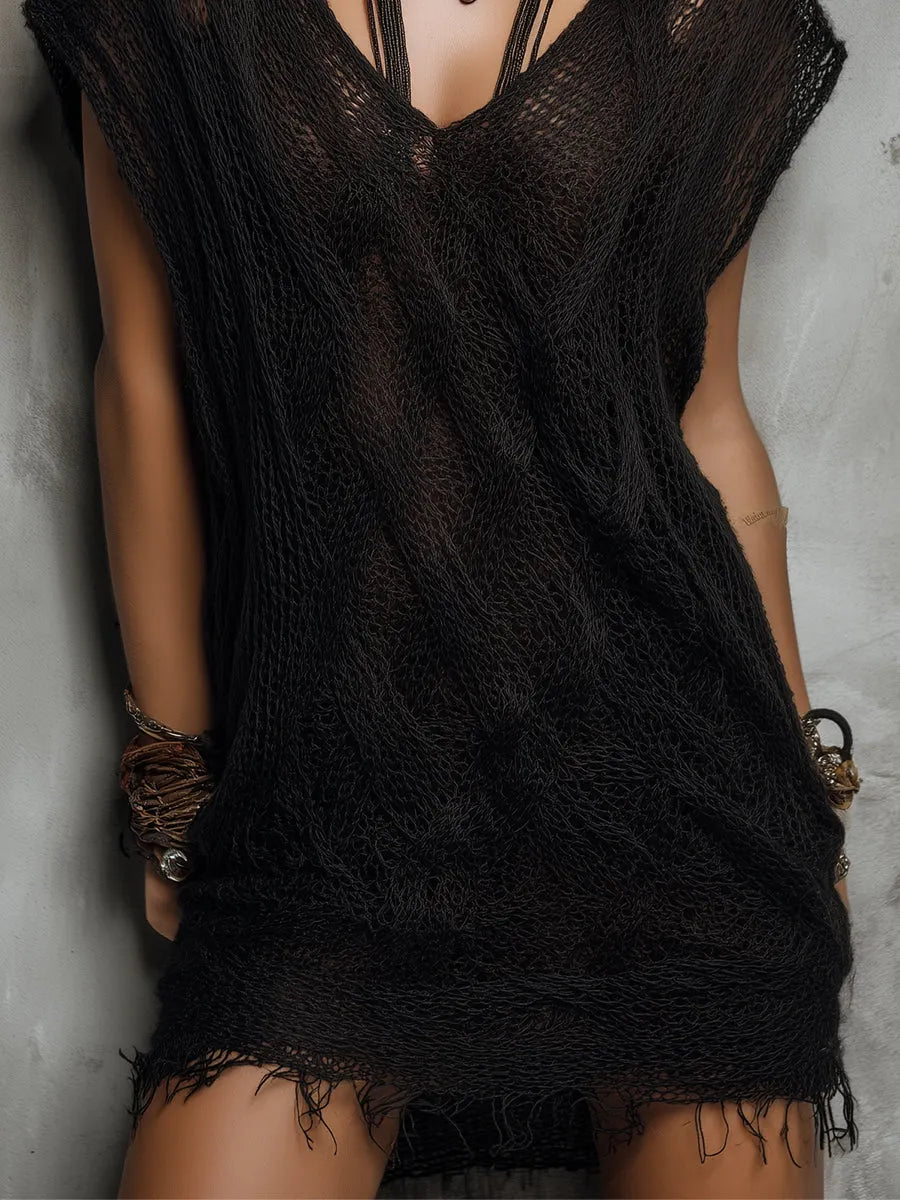 Bohemian Style Openwork Knit Batwing Sleeve Mini Dress