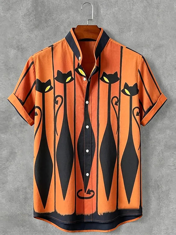 Men's Retro Striped Cat Art Pattern Casual Shirt
