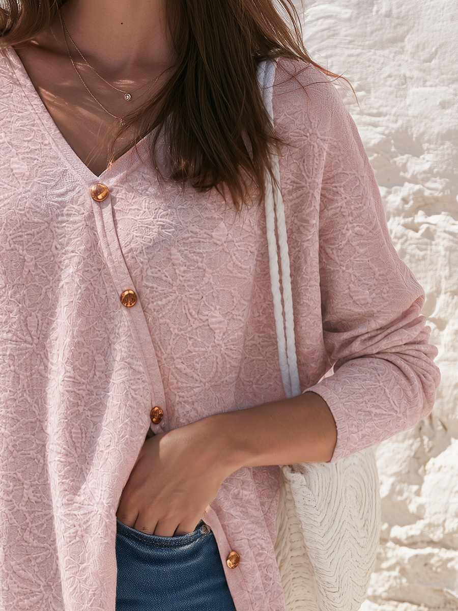 Floral Jacquard Texture Asymmetric Button Placket Drapey Hem Long-Sleeve Top