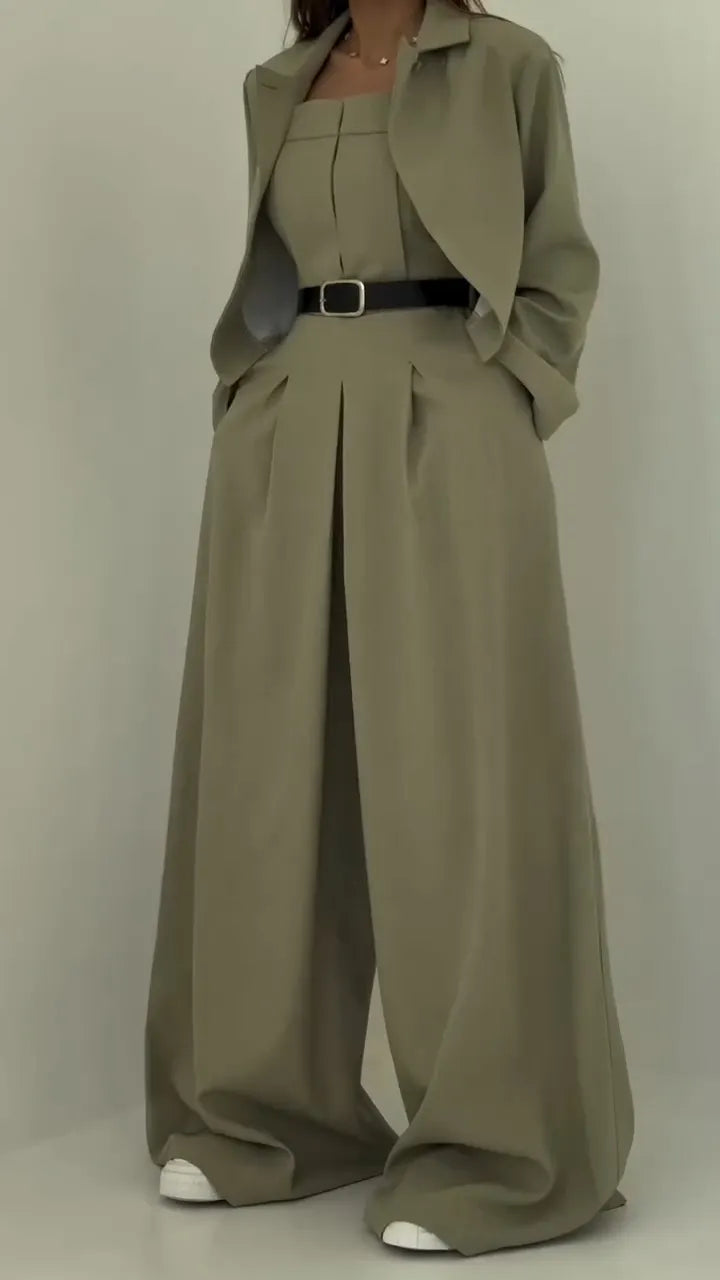 Women Strapless Jumpsuit+ Jacket Style Commuting Set