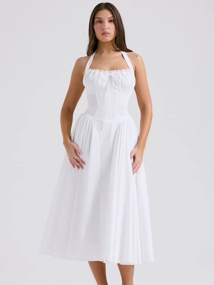White Backless Halter Midi Dress