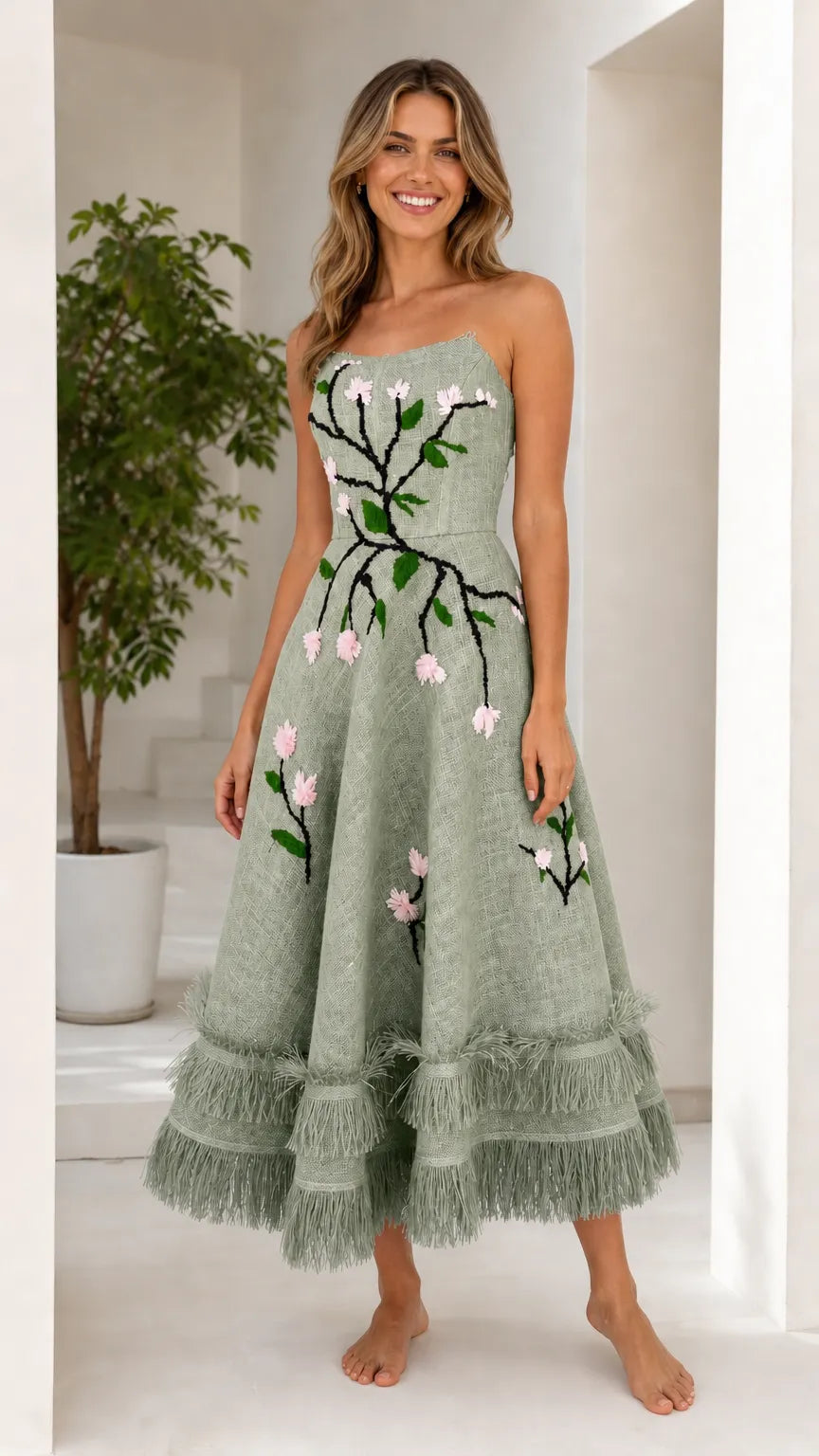Stunning Embroidered Floral Strapless Midi Dress