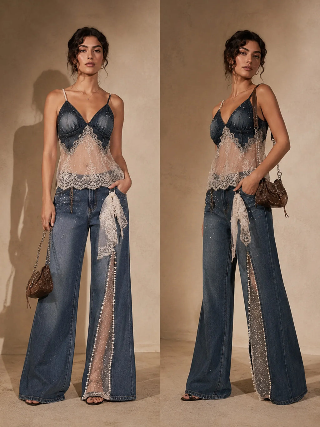 Perfect For A Chic Western Date Night — Vintage Blue Hollow-Out Lace Trim Rhinestone Denim Blend Women'S Flared Jeans (Includes Lace Belt)