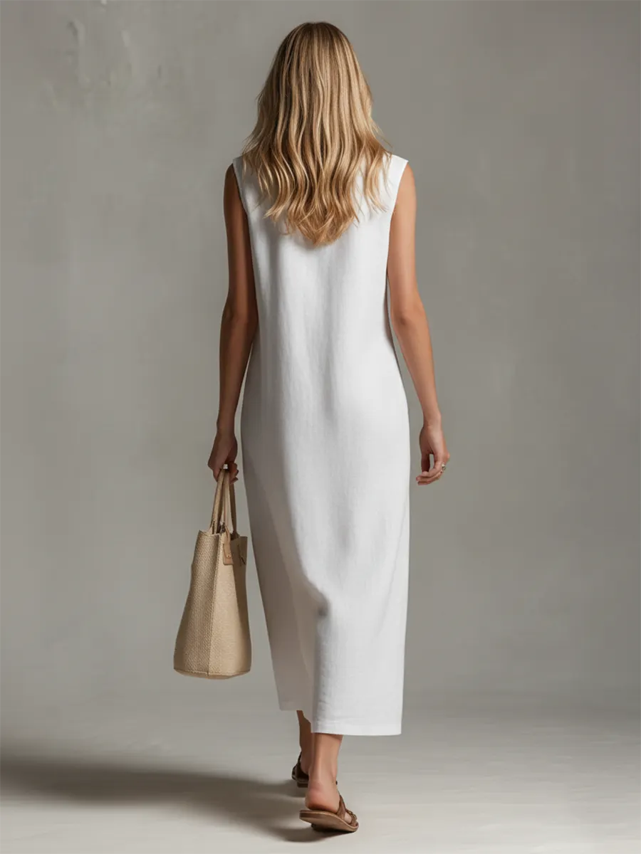 Casual And Stylish Stand-up Collar Sleeveless Zipper Midi Dress