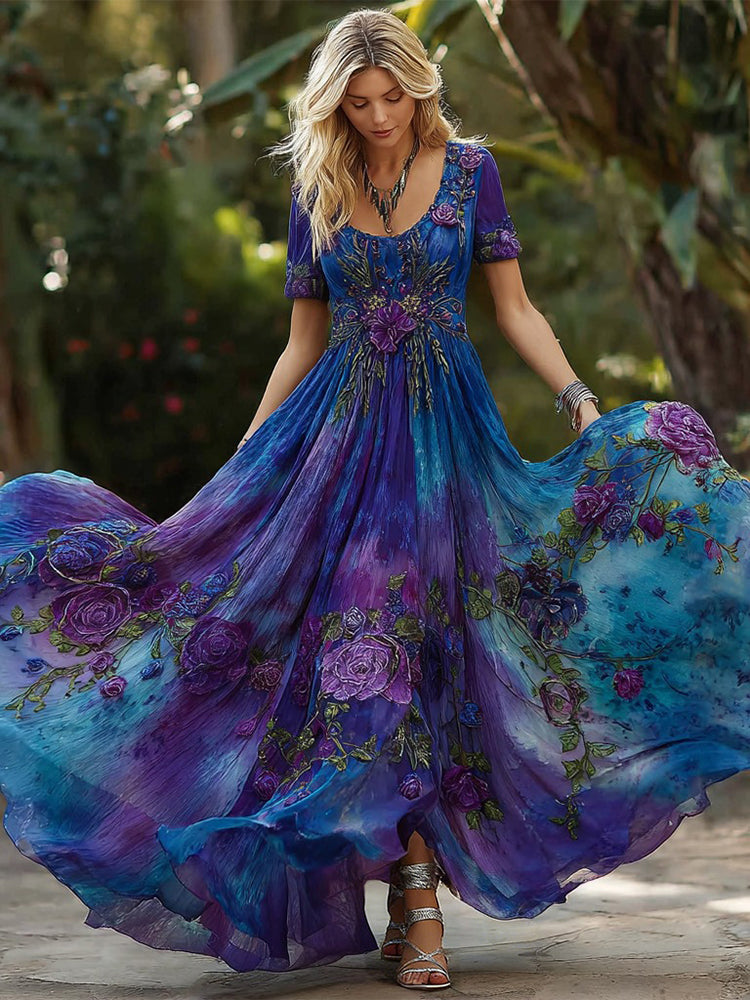 Retro Purple Rose Dress – Short Sleeve, Best Value