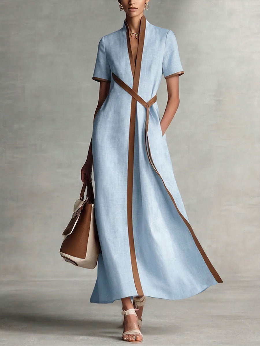 Women's V-neck Short-sleeve Casual Loose Cotton-linen Dress