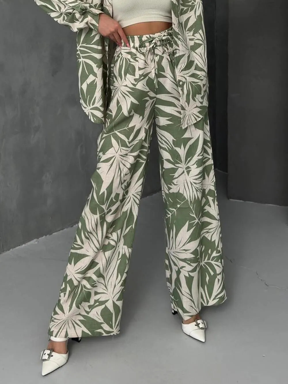 Palm Leaf Printed Elastic Waist Wide Leg Pant Set