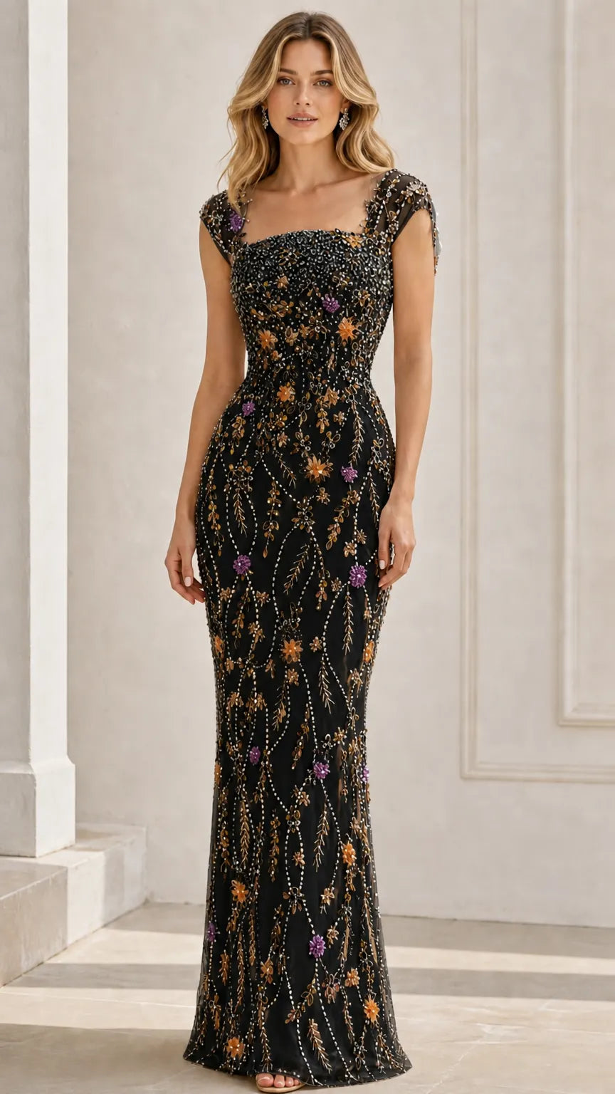 Floral Beaded Cap Sleeve Column Evening Gown with Square Neckline