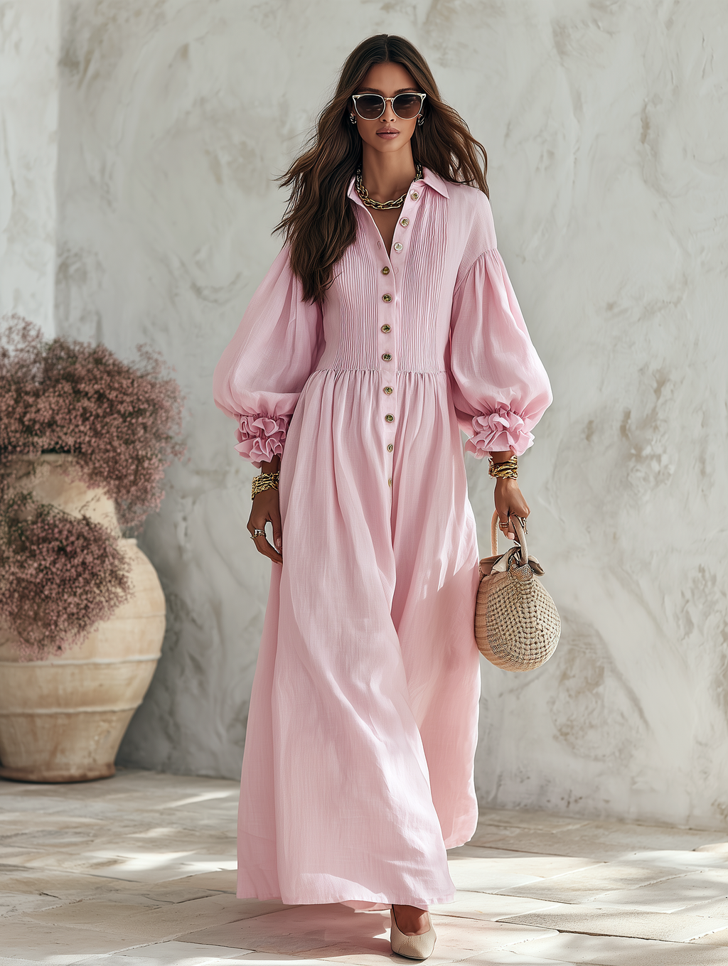 Resort-style V-neck Lantern Sleeve Solid Color Maxi Dress