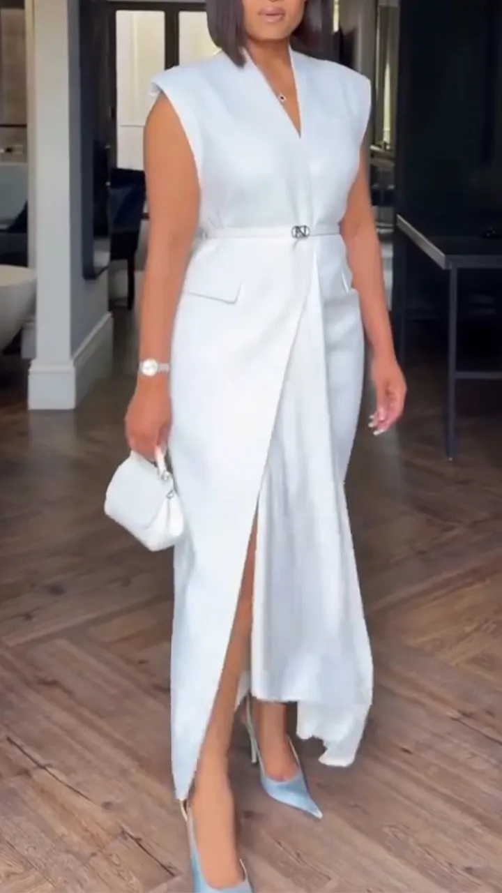 Women V-neck Solid Color Casual Dress with Temperament