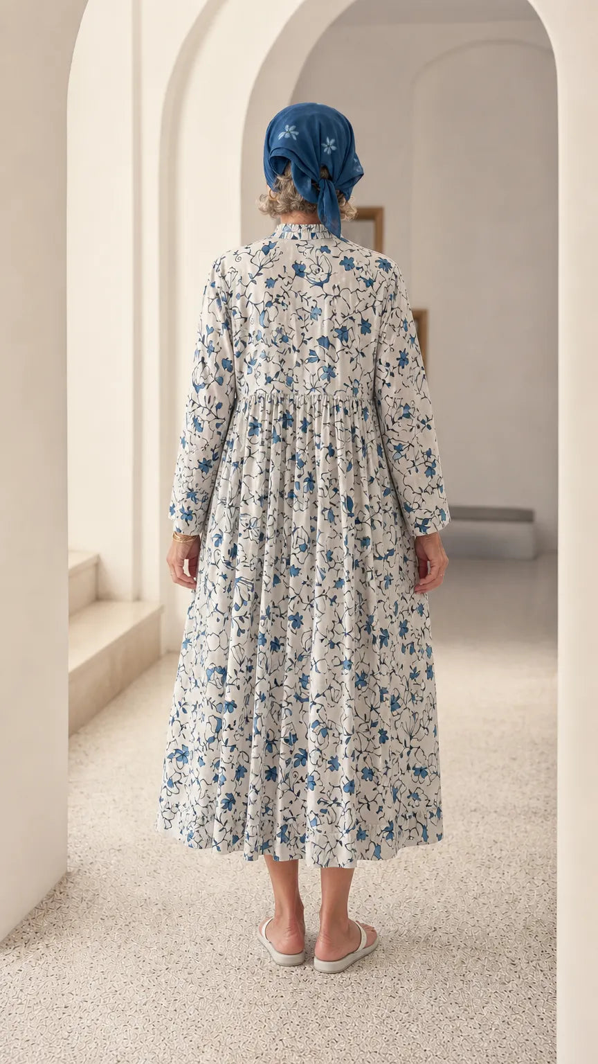 Floral Print Ruffle Collar Long Sleeve Midi Dress