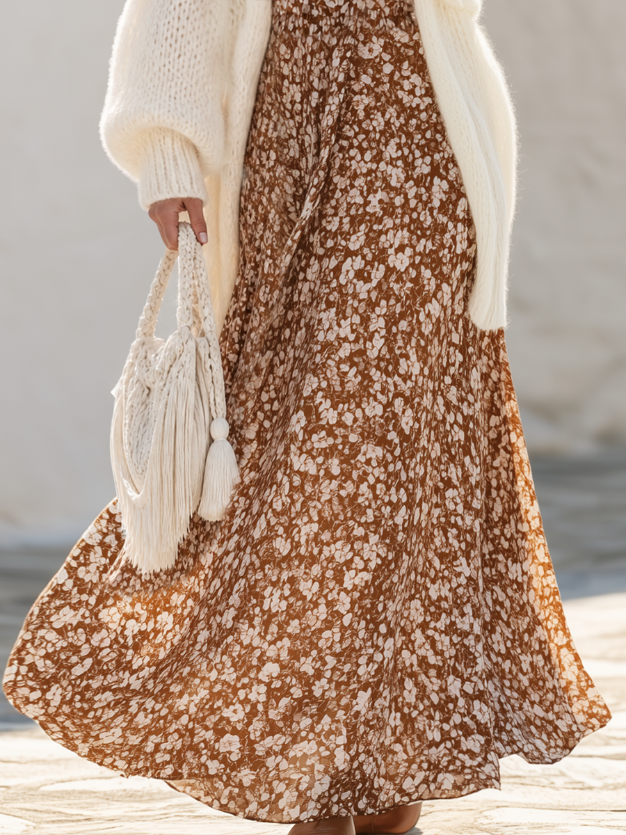 Fuzzy Mohair Open Front Oversized Long Cardigan And Brown Ditsy Floral Print Ruffle V-Neck Flowy Tiered Maxi Dress Two Piece Boho Vacation Outfit Set