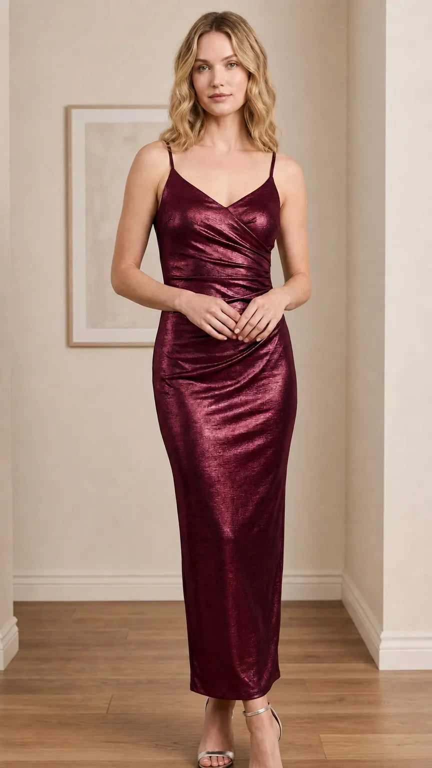Metallic Ruched Crossover Maxi Slip Dress