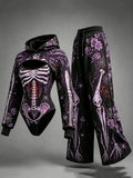 Women's Halloween Skeleton Spider Web Rose Print Hooded Three-piece Set