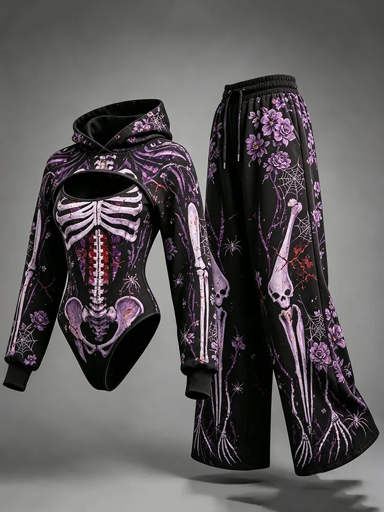 Women's Halloween Skeleton Spider Web Rose Print Hooded Three-piece Set