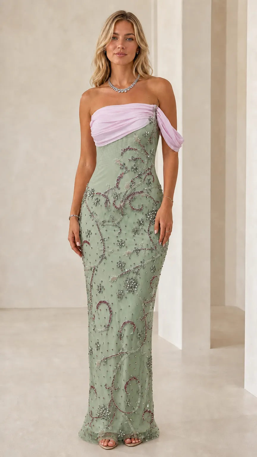 Off-the-Shoulder Draped Chiffon Beaded Formal Evening Maxi Gown