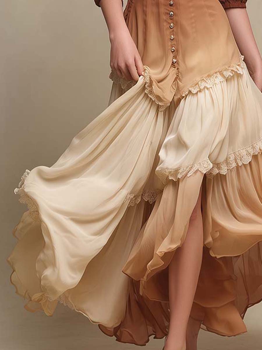 Boho Ombre Lace Trim Flowy Maxi Dress