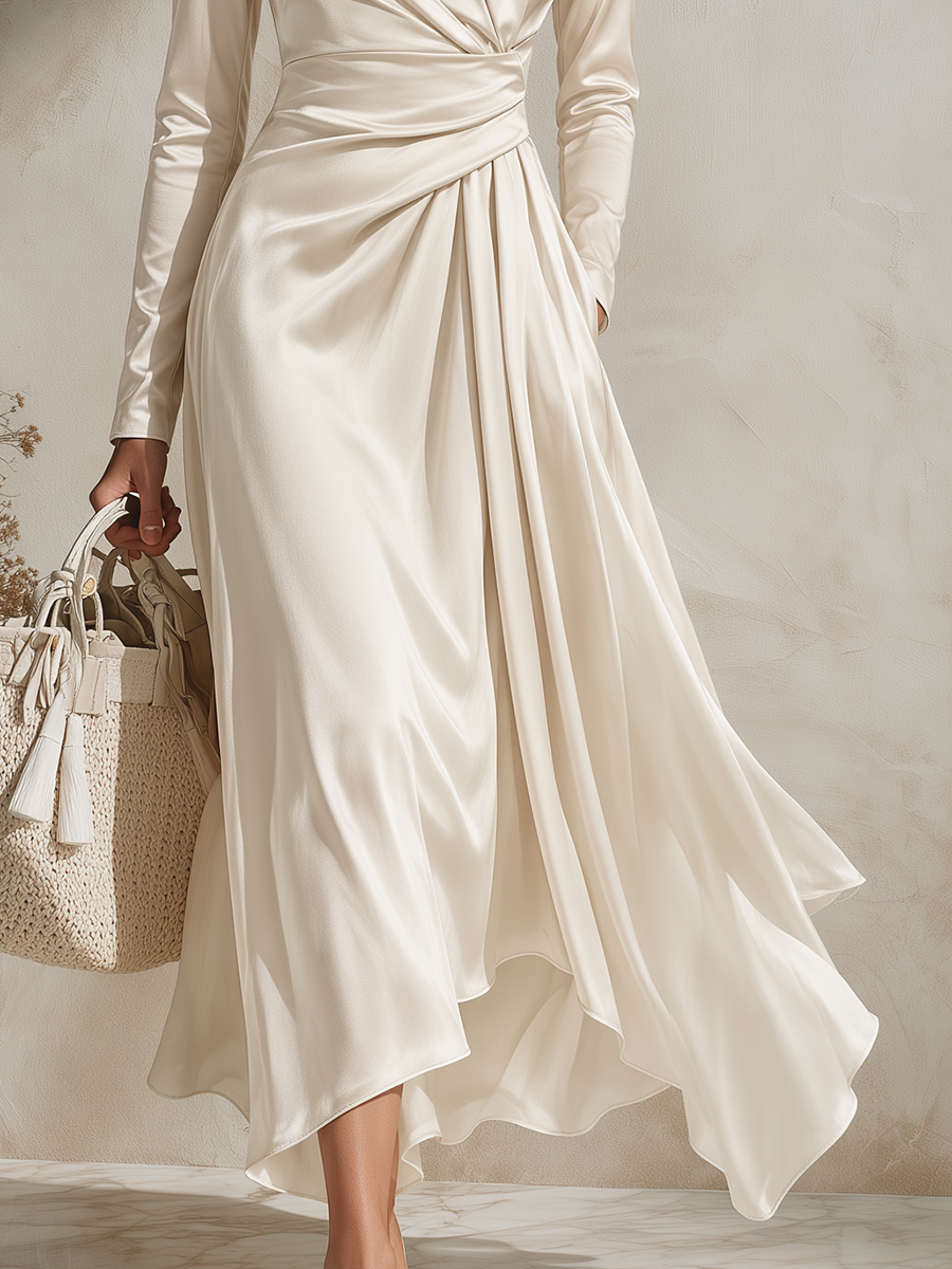 Resort-style Round Neck Long-sleeved Pleated Solid Color Midi Dress