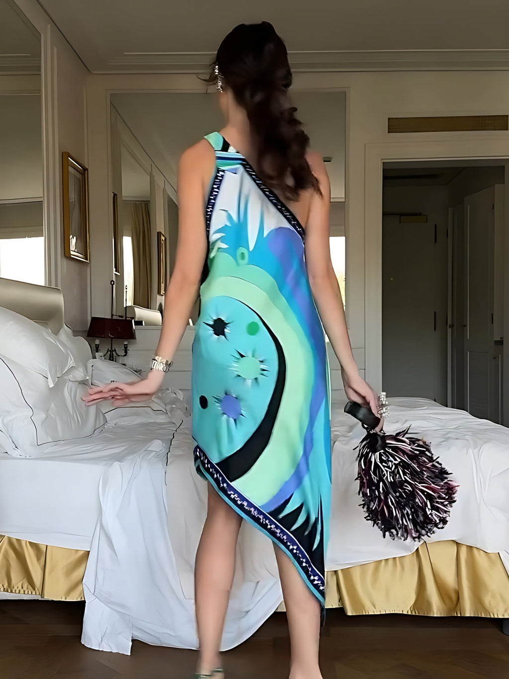 Stella Print Off-Shoulder Asymmetric Midi Dress