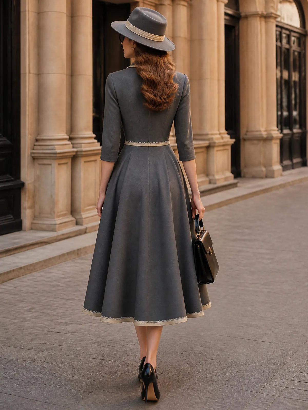 Vintage Grey Contrast-Trim Collared A-Line Midi Dress