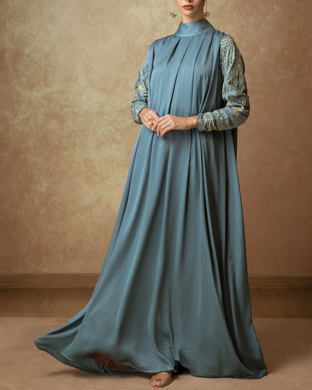 High Neck Gathered Embroidered Puff Sleevedress