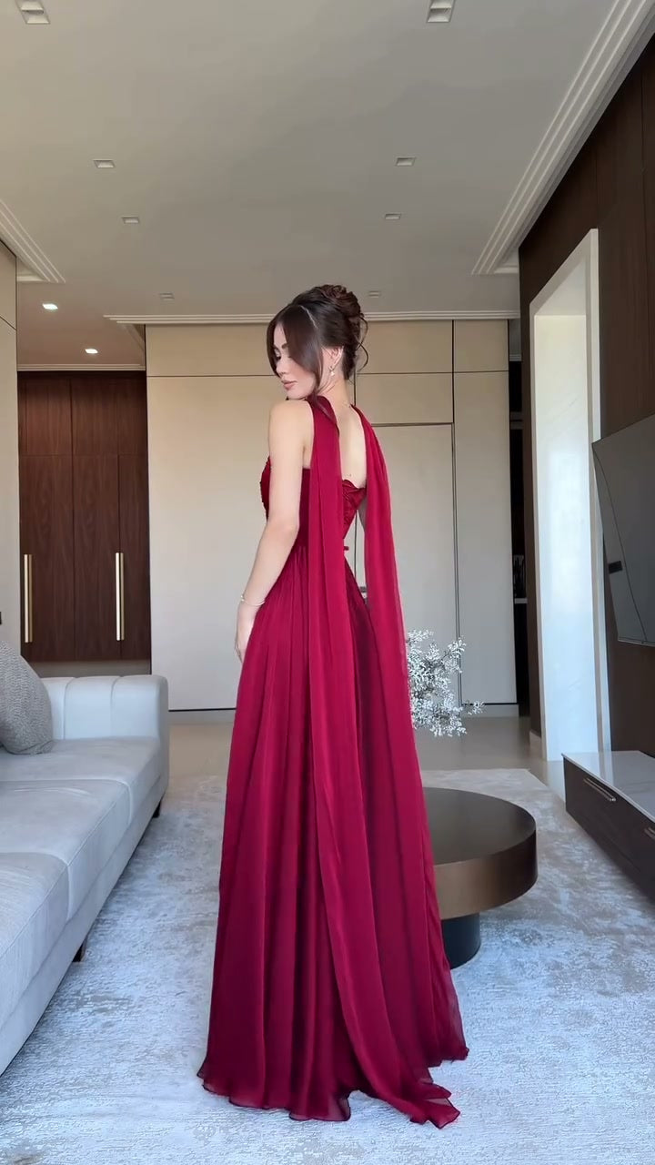 burgundy-strapless-gown-scarf-neck-ruched-bodice-maxi-dress