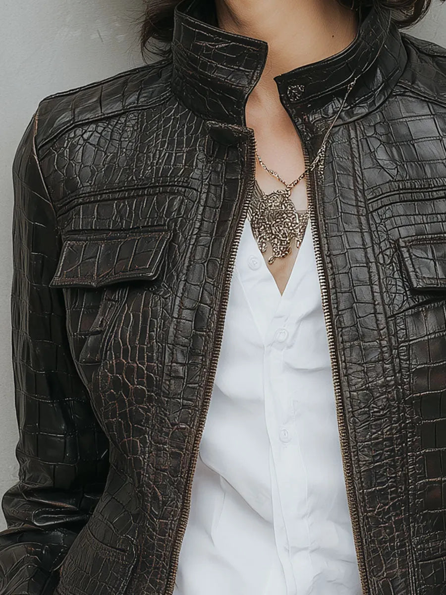 Classic Stand Collar Crocodile Leather Jacket