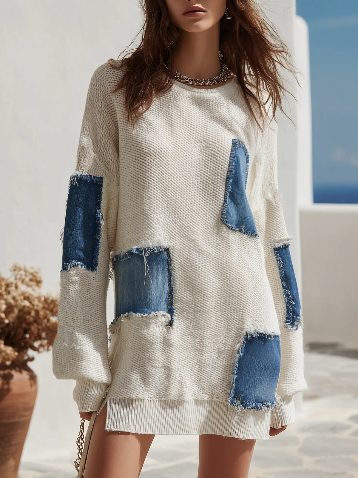 Boho Resort Off White Denim Patchwork Fringe Knit Mini Dress