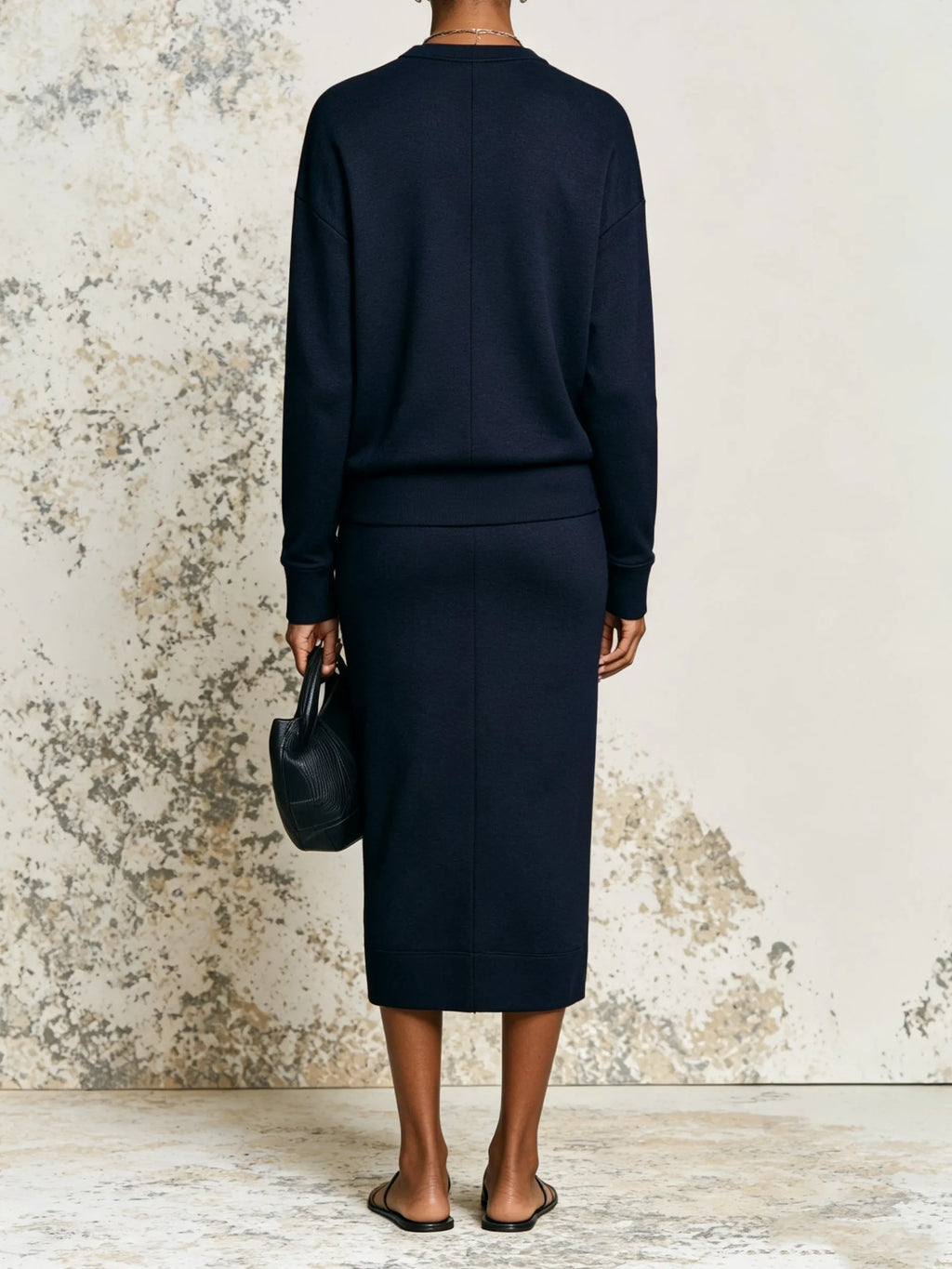 Navy Long-sleeved Top And Midi Skirt Two-piece Set With Zipper Detail