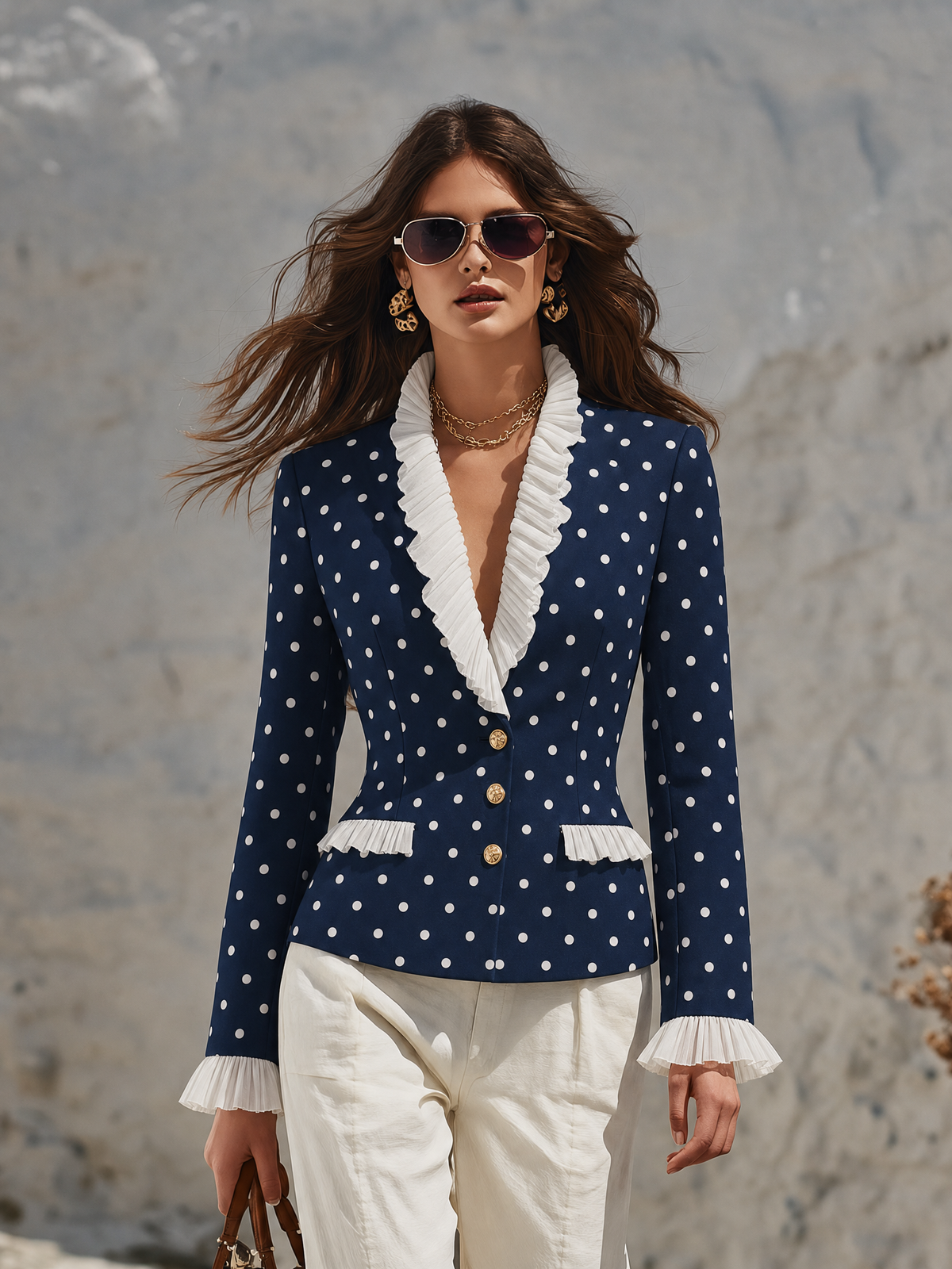 Vacation-style V-neck Polka-dot Ruffled Blazer