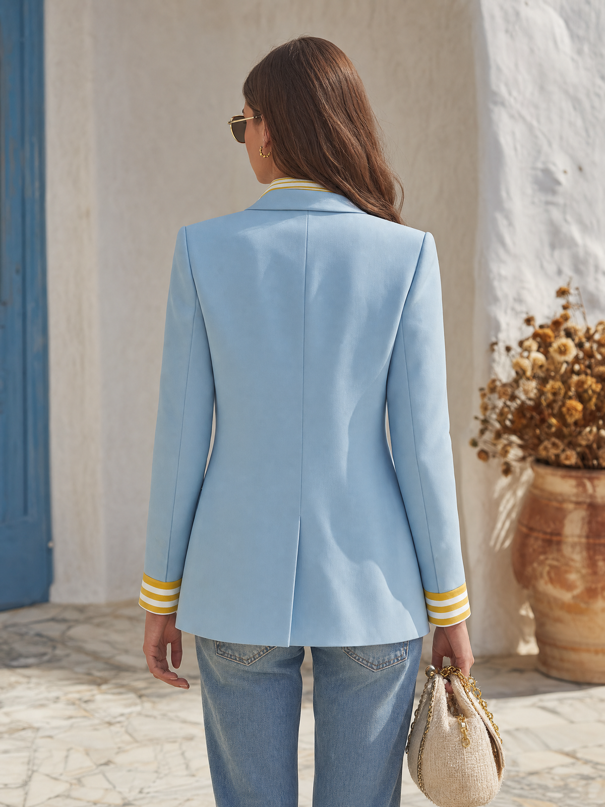 Resort-style Collared Contrasting Stripes Blazer