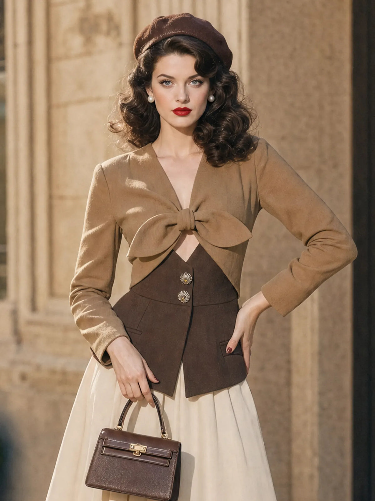Vintage Hepburn Style Bow Front Cropped  Top