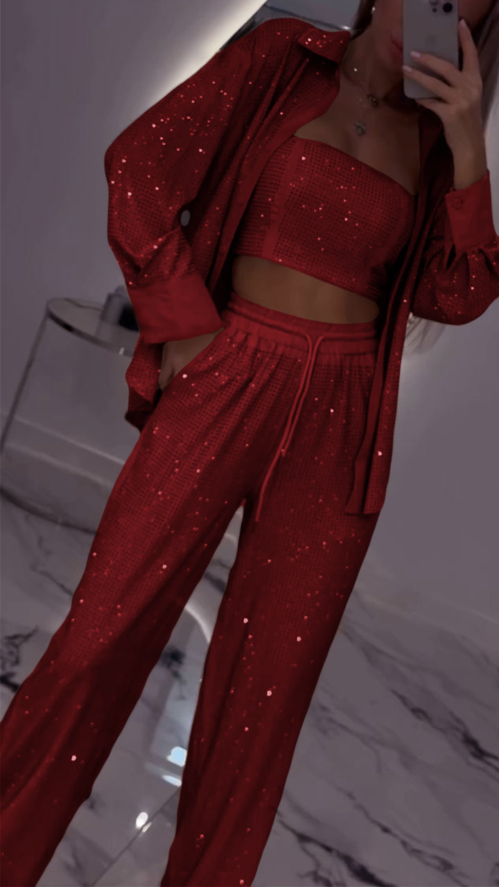 Women's Lapel Rhinestone Casual Three-piece Suit