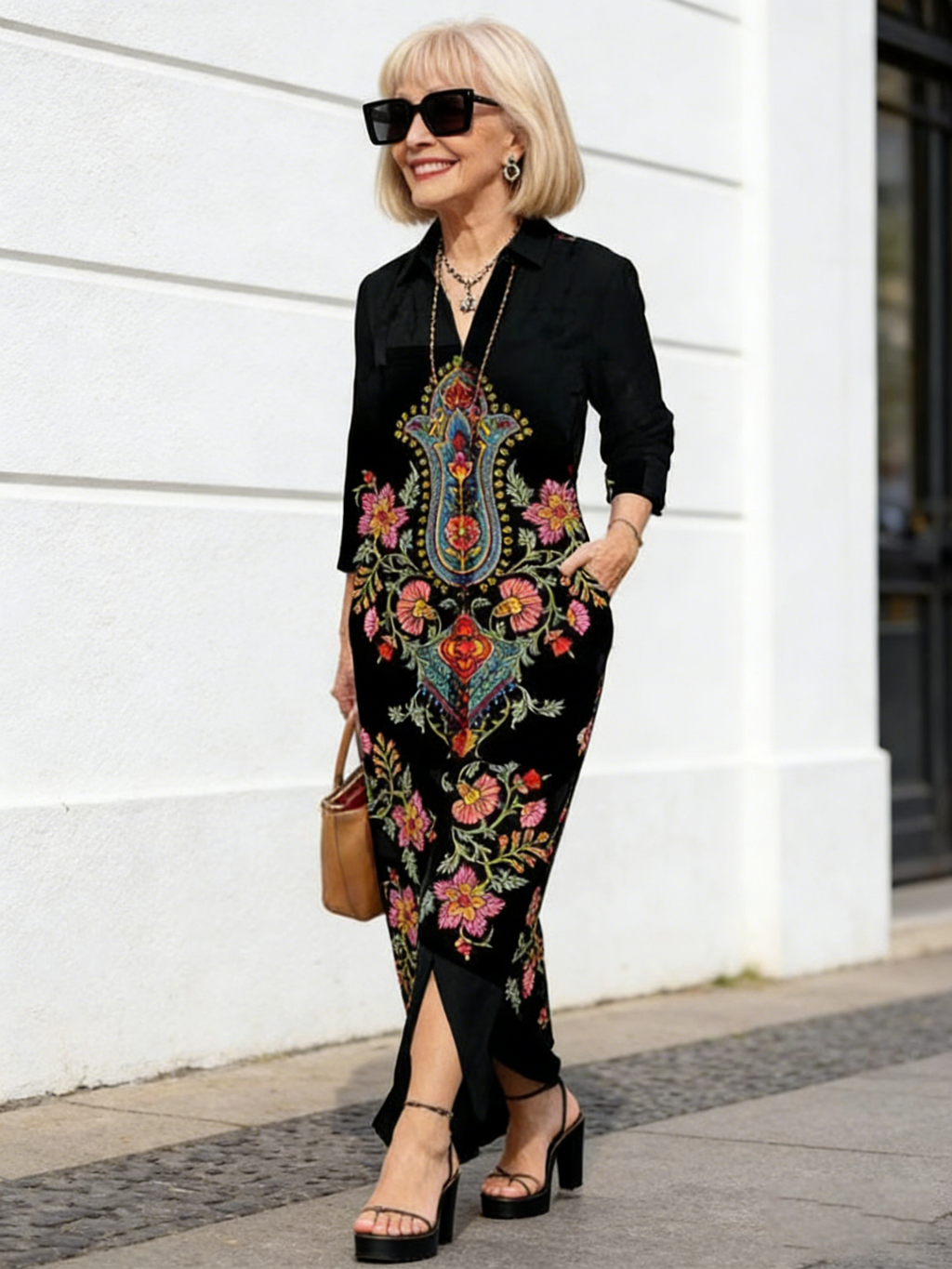 Casual Positioning Print Pocket Lapel Collar Button Long Dress