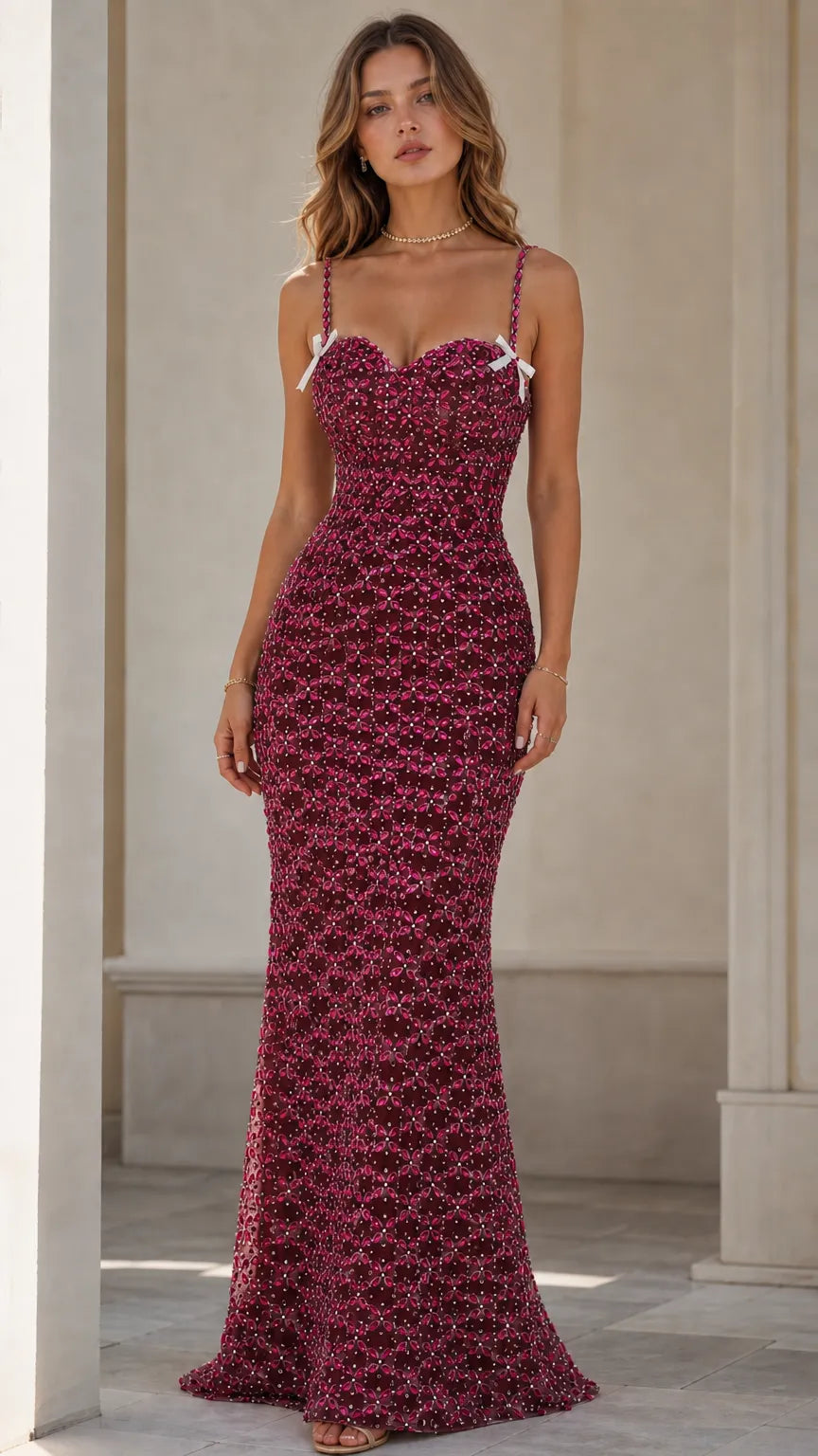 Sparkling Rhinestone Sweetheart Maxi Evening Gown with Bow Accents
