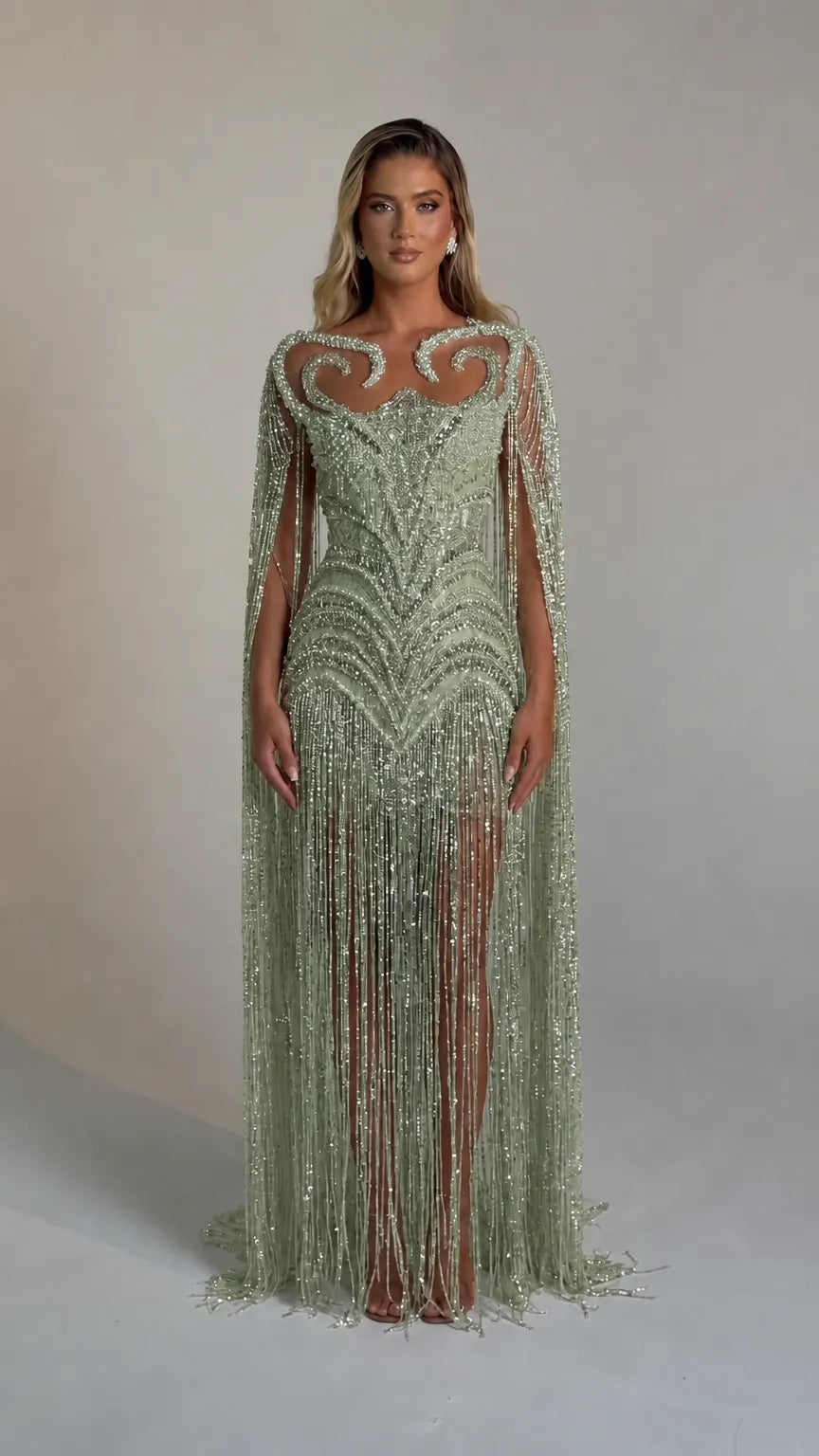 Luminous Beaded Fringe Cape Evening Gown