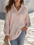 Vacation Boho Light Pink Sequin Panel Ribbed Knit Polo Sweater