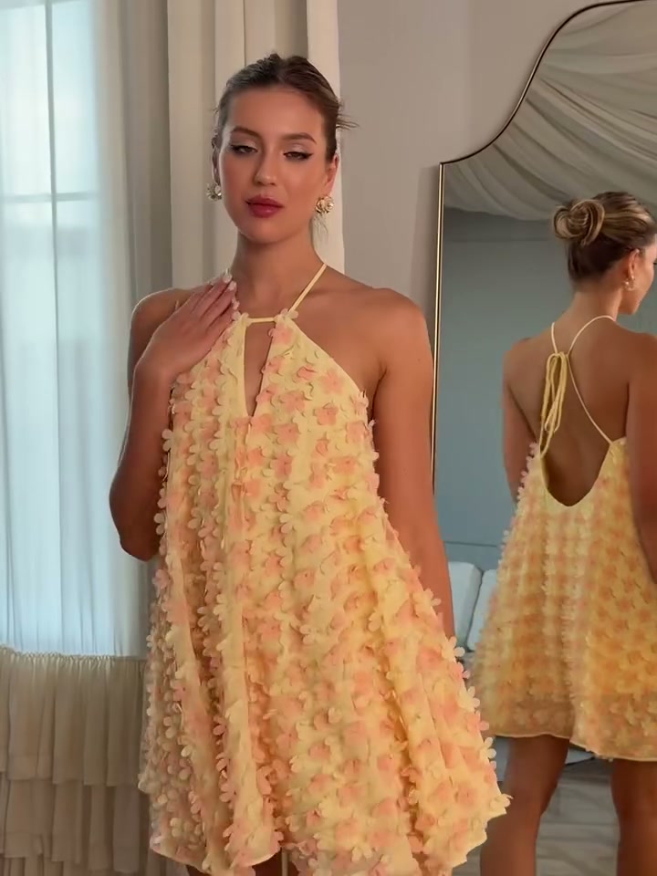 butter-yellow-3d-floral-halter-mini-dress-tiered-babydoll-party-dress