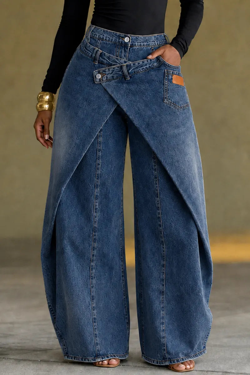 Wrap Skirt‐Effect Wide Leg Denim Pants