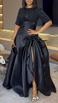 Black Satin Mix‐Fabric High Slit Maxi Gown