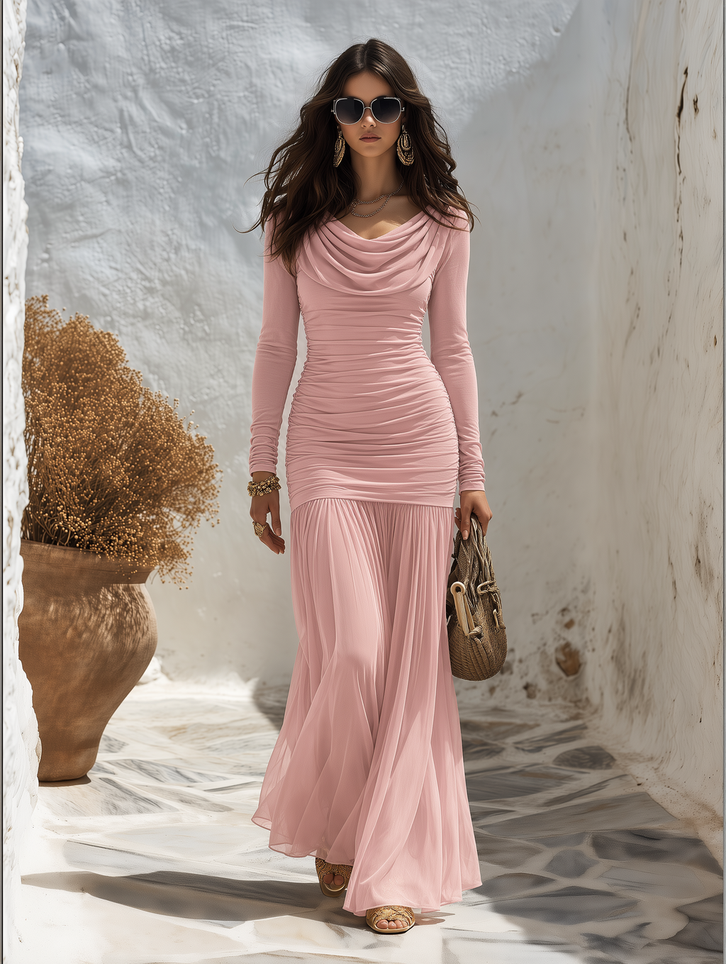 Resort-style Drop Neckline Long-sleeved Solid Color Dress