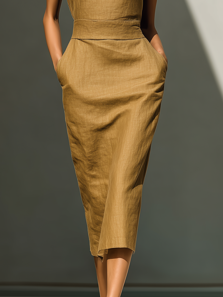 Women’s Camel Linen-Blend Sleeveless Round Neck Waisted Midi Dress With Pockets