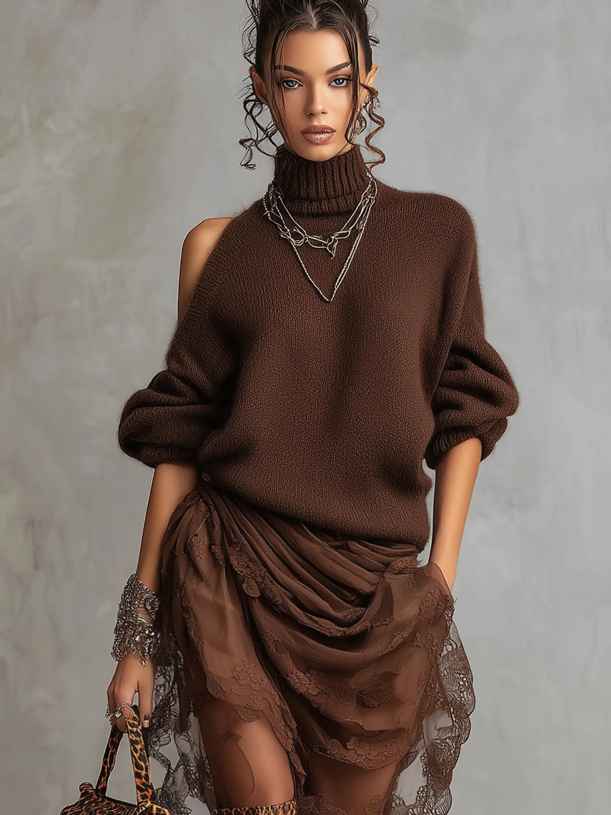 24-Hour-Shipping Chocolate Knit Off Shoulder Tulle Long Sleeve Midi Dress