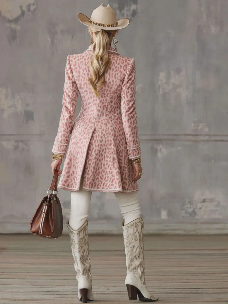 Lapel Single-breasted Pink Leopard Print Mid-length Coat