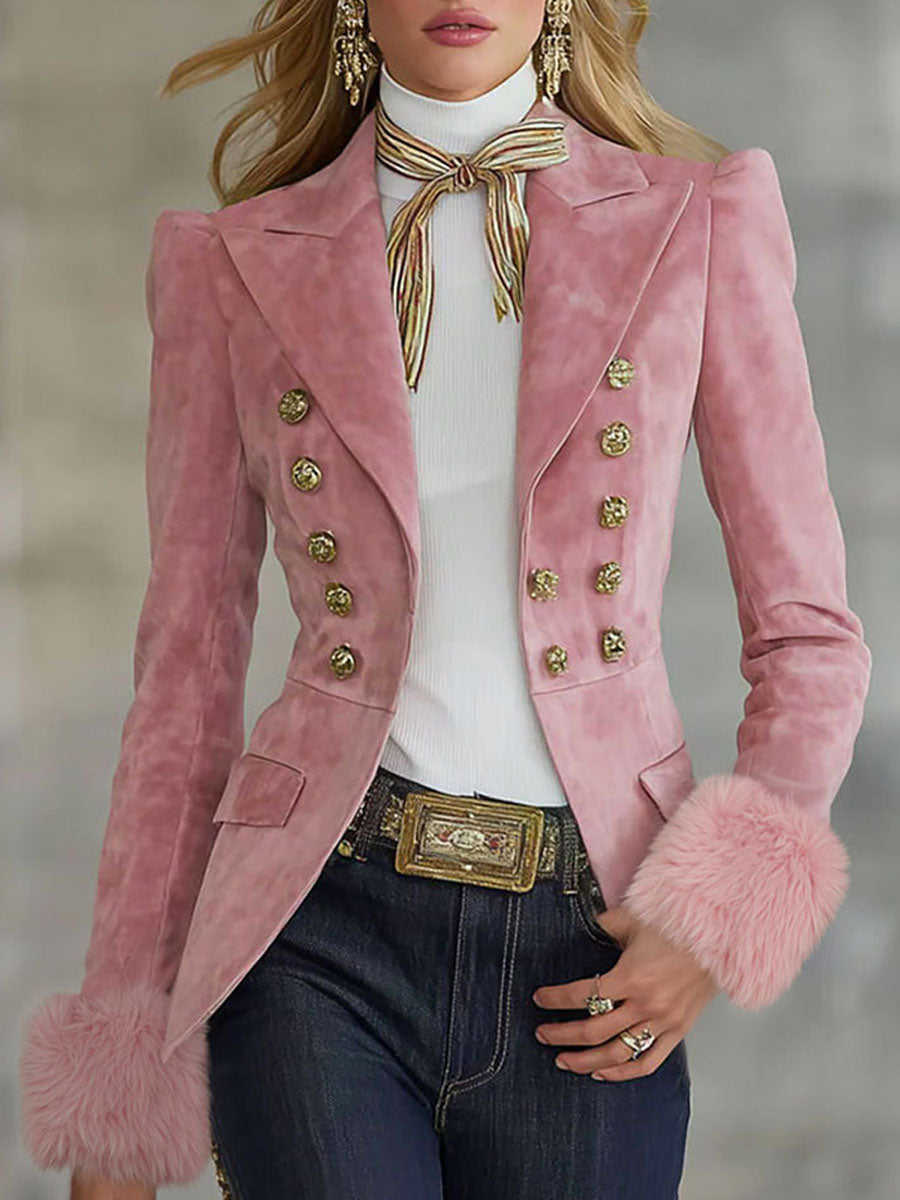 Lapel Multi-button Faux Suede And Fur Blazer