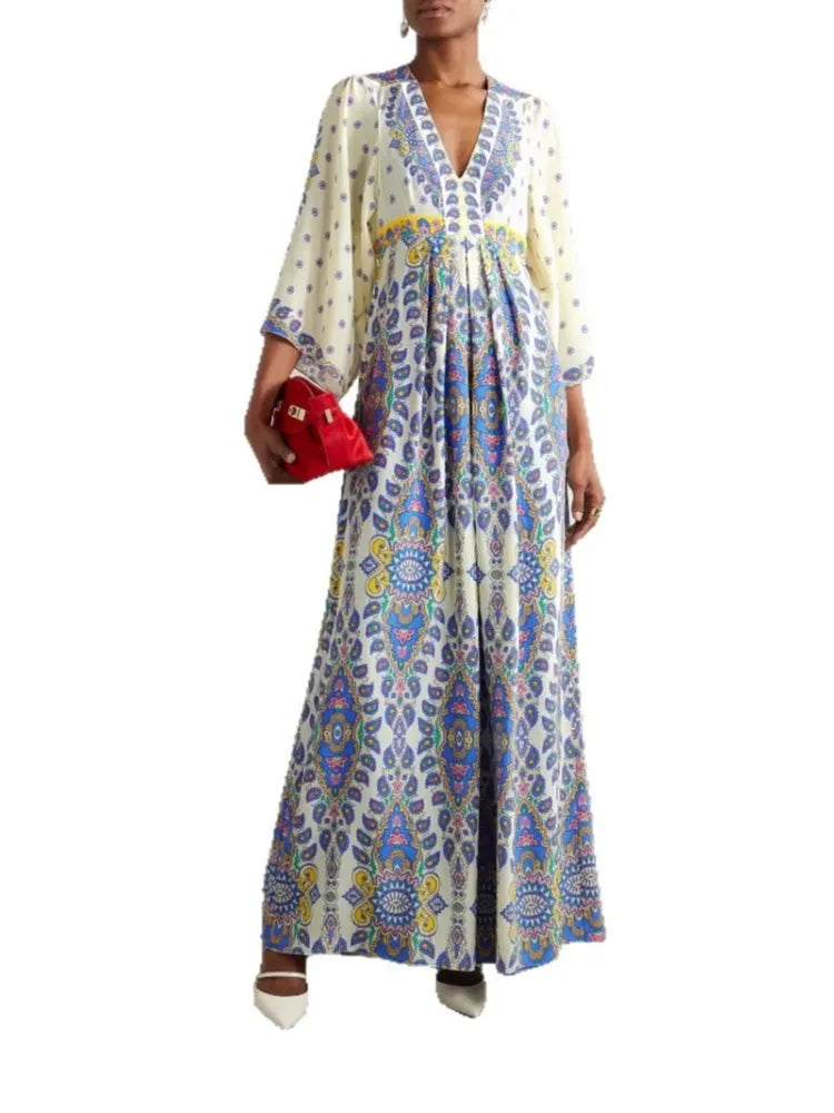 Casual Loose Printed V-Neck Maxi Dress
