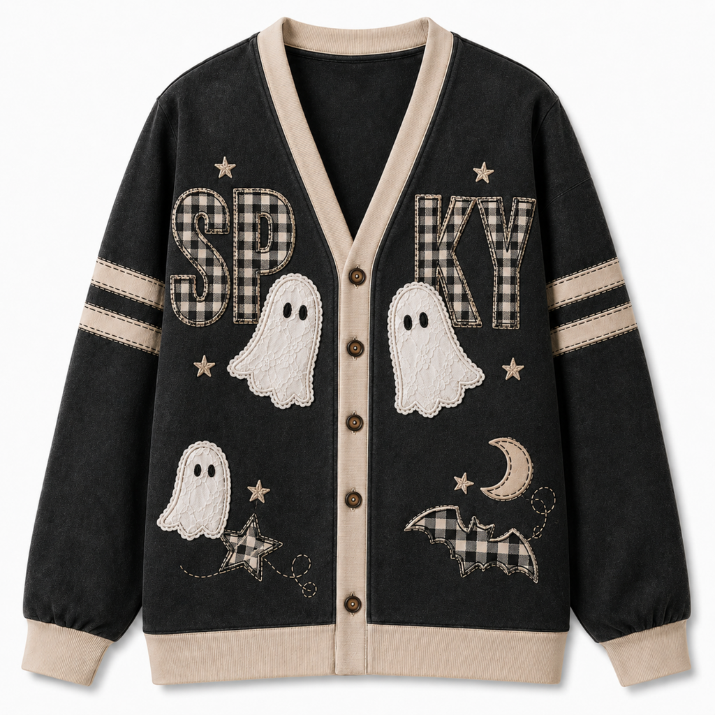 Chaotic Club Vintage Black Beige Plaid Spooky Season Cardigan
