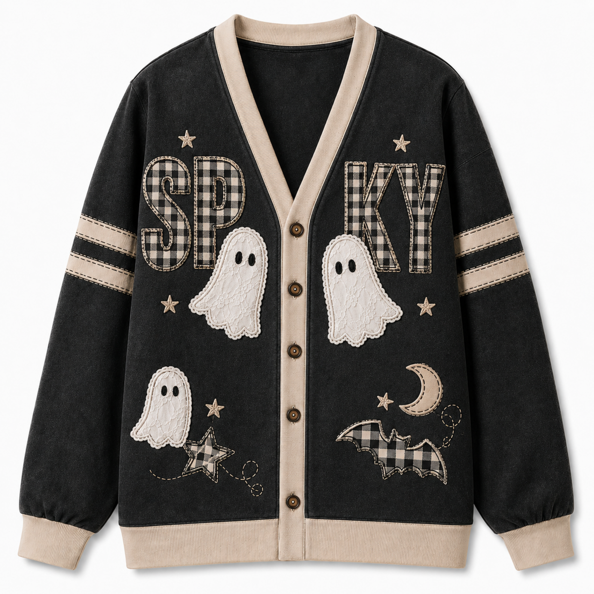 Chaotic Club Vintage Black Beige Plaid Spooky Season Cardigan