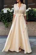 Cream Belted Shirt‐Style Maxi Dress