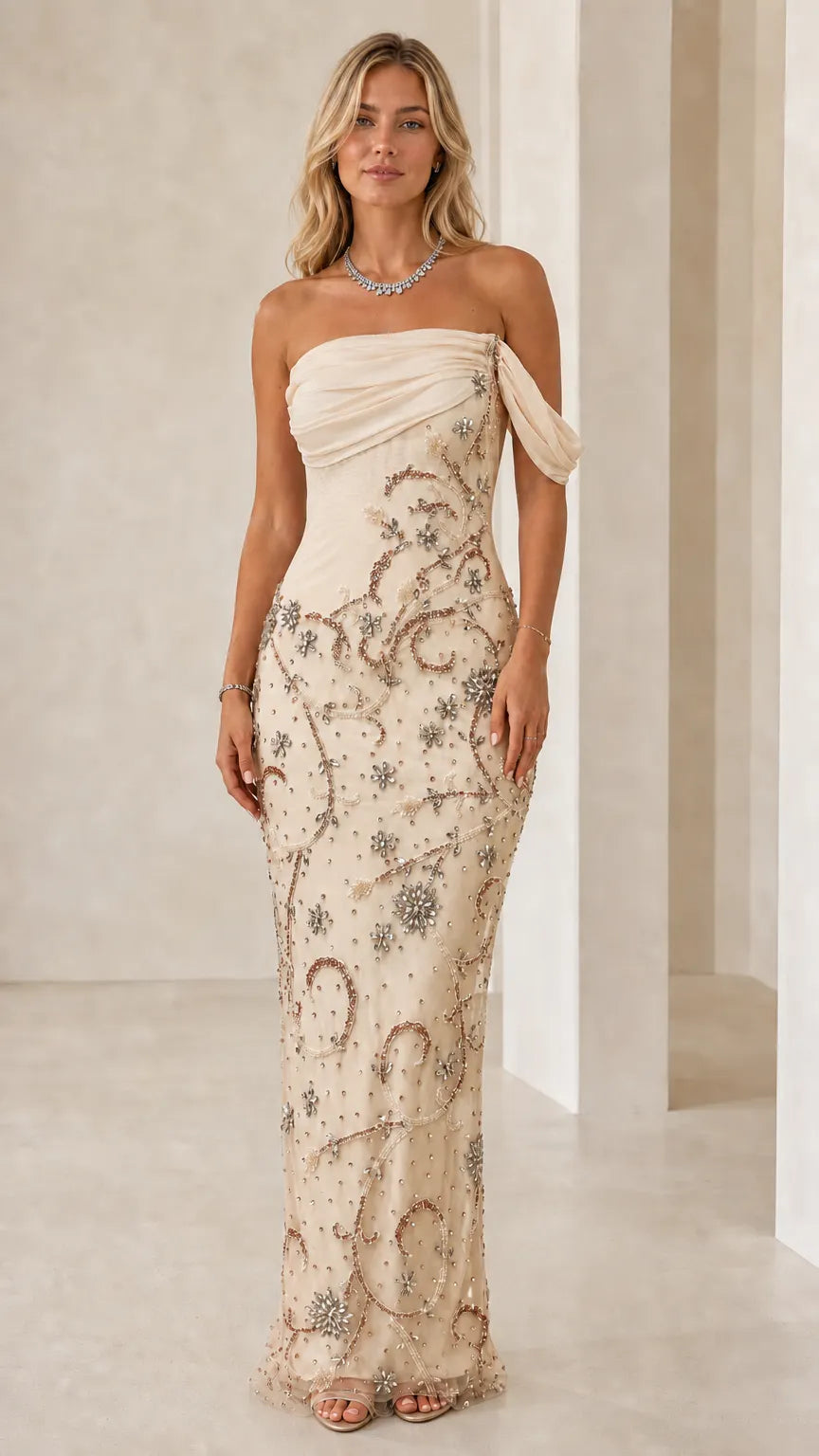 Off-the-Shoulder Draped Chiffon Beaded Formal Evening Maxi Gown